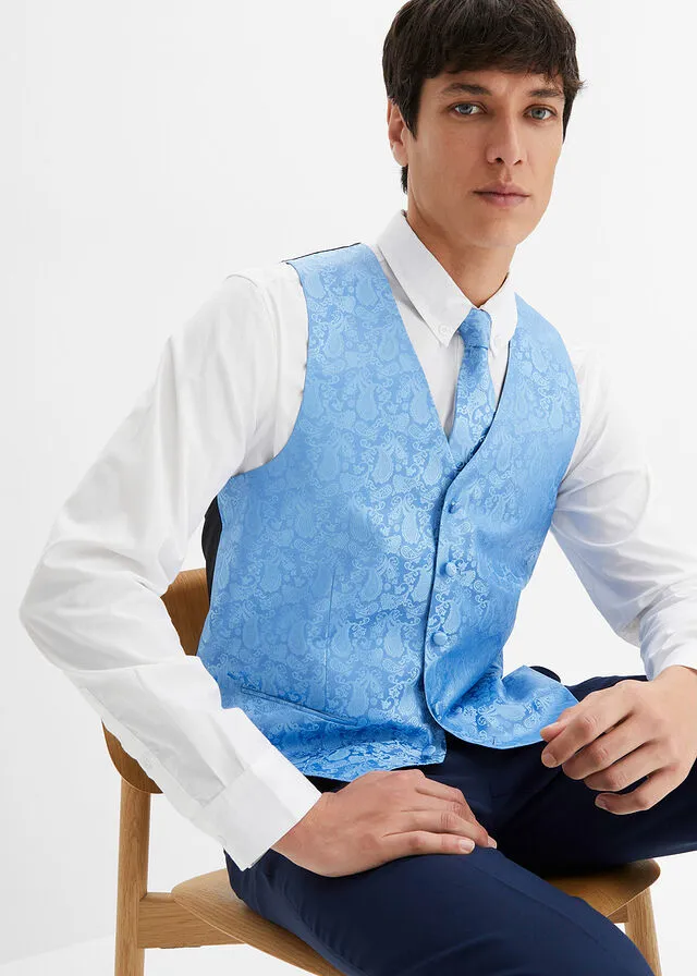 Traje (5 piezas): americana, pantalón, chaleco, corbata, pañuelo azul marino + azul pálido